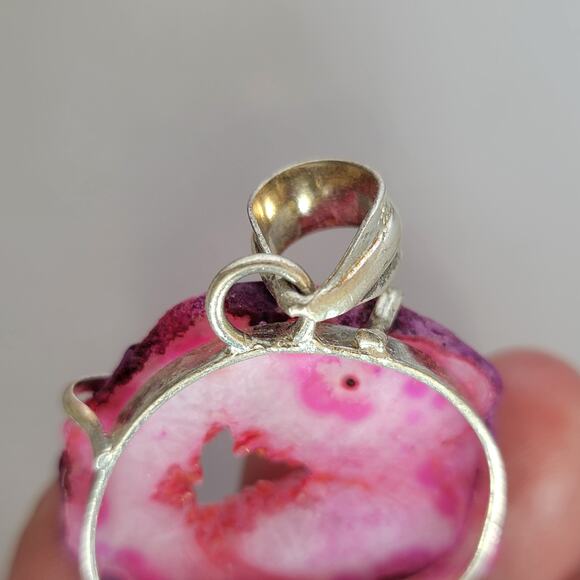 Double Pink Agate Geode Pendant – Handmade Sterling Silver Statement Necklace - Picture 7 of 10